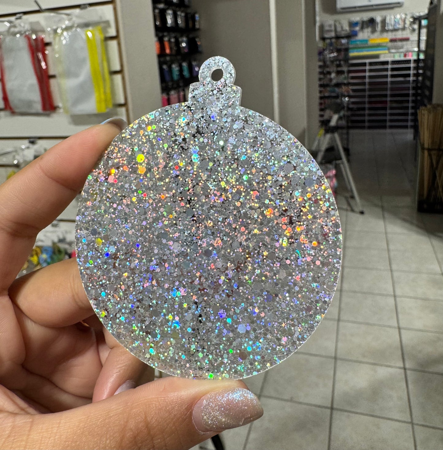 Ornamento de Acrílico Plata Escarcha /Silver Glitter Acrylic Christmas Ornament